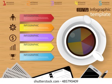 Vector illustration Infographic template Business modern Idea and Concept. with coffee cup,paper,diary,Pen,cellphone,Colorful,icon,flat design.