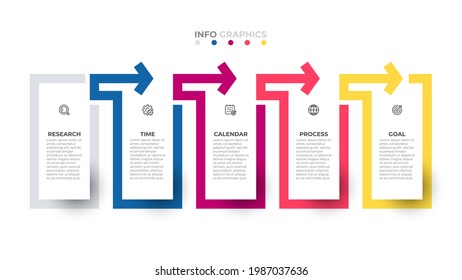 Etiqueta de diseño de plantilla de infografía de ilustración vectorial con icono y flecha. Concepto de negocio con 5 opciones o pasos. Se puede utilizar para diagrama de flujo de trabajo, gráfico de información, diseño web.