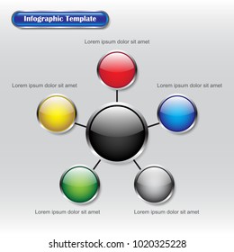 Vector Illustration Infographic Template Designed As Six Glossy Buttons. A Big Black One Is In The Middle Connected With Five Different Color Ones Useful For General Plan, Model, And Process. 