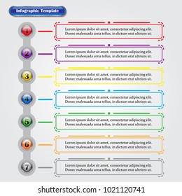 Vector Illustration Infographic Template Designed As Sequence Of Seven Buttons With Text Boxes. Useful For General Business And Education Presentation, Plan, Process, Step, Procedure, Strategy.