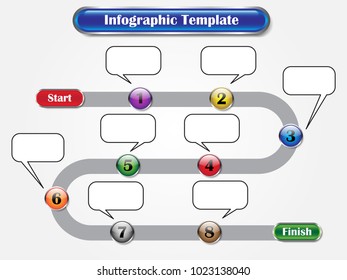 Vector Illustration Infographic Template Designed As Sequence Of Ten Buttons From Start To Finish With Call Out Boxes. Useful For General Business And Education Presentation Process, Step, Procedure.