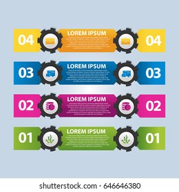 Vector illustration. Infographic template with the image of 4 rectangles and gears. 3d style with four steps. Used for business presentations, education, web design. Place for text and icons.