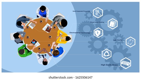 Vector illustration infographic template with people, team and icons Business meeting and brainstorming. Idea and business concept for teamwork.