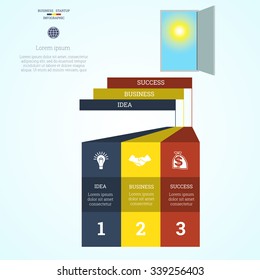  Vector illustration Infographic template steps up ladders and doorway, sky, sun, startup business concept with three steps or processes. Can be used for workflow, diagram, area chart,number options