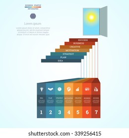  Vector illustration Infographic template steps up ladders and doorway, sky, sun, startup business concept with seven steps or processes. Can be used for workflow, diagram, area chart,number options