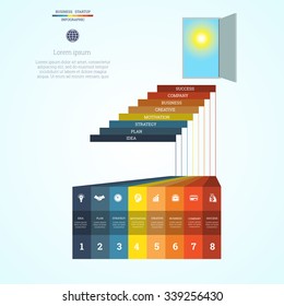  Vector illustration Infographic template steps up ladders and doorway, sky, sun, startup business concept with eight steps or processes. Can be used for workflow, diagram, area chart,number options