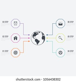 Vector illustration infographics 6 options. Data and information visualization. Dynamic infographics stylish geometric. element for design business invitations, gift cards, flyers and brochures