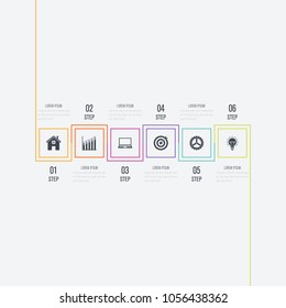 Vector illustration infographics 6 options. Data and information visualization. Dynamic infographics stylish geometric. element for design business invitations, gift cards, flyers and brochures
