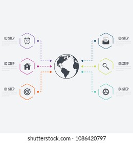 Vector illustration infographics 6 options. Data and information visualization. Dynamic infographics stylish geometric. element for design business invitations, gift cards, flyers and brochures