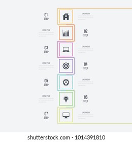Vector illustration infographics 7 options. Data and information visualization. Dynamic infographics stylish geometric. element for design business invitations, gift cards, flyers and brochures