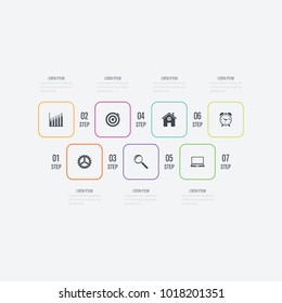 Vector illustration infographics 7 options. Data and information visualization. Dynamic infographics stylish geometric. element for design business invitations, gift cards, flyers and brochures