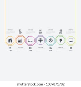 Vector illustration infographics 7 options. Data and information visualization. Dynamic infographics stylish geometric. element for design business invitations, gift cards, flyers and brochures