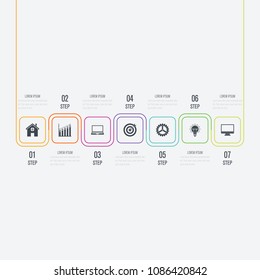 Vector illustration infographics 7 options. Data and information visualization. Dynamic infographics stylish geometric. element for design business invitations, gift cards, flyers and brochures