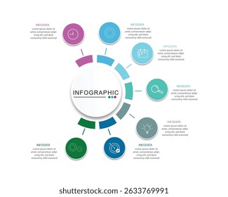 Ilustración vectorial infografía 7 opciones. Visualización de datos e información. Infografía dinámica elemento geométrico con estilo. para invitación de negocios de diseño.