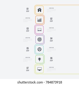Vector illustration infographics 7 options. Data and information visualization. Dynamic infographics stylish geometric. element for design business invitations, gift cards, flyers and brochures