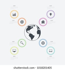 Vector illustration infographics 8 options. Data and information visualization. Dynamic infographics stylish geometric. element for design business invitations, gift cards, flyers and brochures