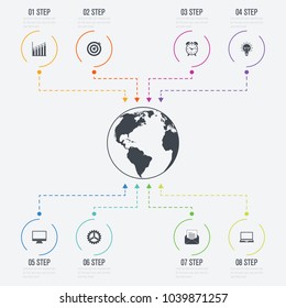 Vector illustration infographics 8 options. Data and information visualization. Dynamic infographics stylish geometric. element for design business invitations, gift cards, flyers and brochures