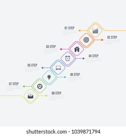 Vector illustration infographics 8 options. Data and information visualization. Dynamic infographics stylish geometric. element for design business invitations, gift cards, flyers and brochures
