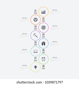 Vector illustration infographics 8 options. Data and information visualization. Dynamic infographics stylish geometric. element for design business invitations, gift cards, flyers and brochures