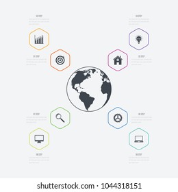 Vector illustration infographics 8 options. Data and information visualization. Dynamic infographics stylish geometric. element for design business invitations, gift cards, flyers and brochures