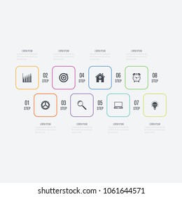 Vector illustration infographics 8 options. Data and information visualization. Dynamic infographics stylish geometric. element for design business invitations, gift cards, flyers and brochures