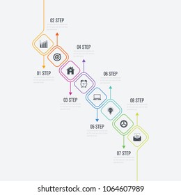 Vector illustration infographics 8 options. Data and information visualization. Dynamic infographics stylish geometric. element for design business invitations, gift cards, flyers and brochures