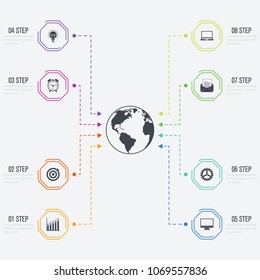 Vector illustration infographics 8 options. Data and information visualization. Dynamic infographics stylish geometric. element for design business invitations, gift cards, flyers and brochures