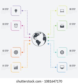 Vector illustration infographics 8 options. Data and information visualization. Dynamic infographics stylish geometric. element for design business invitations, gift cards, flyers and brochures