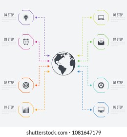 Vector illustration infographics 8 options. Data and information visualization. Dynamic infographics stylish geometric. element for design business invitations, gift cards, flyers and brochures