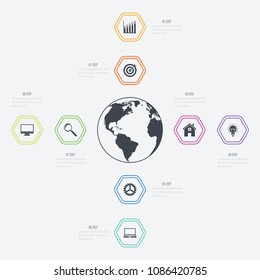 Vector illustration infographics 8 options. Data and information visualization. Dynamic infographics stylish geometric. element for design business invitations, gift cards, flyers and brochures
