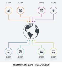 Vector illustration infographics 8 options. Data and information visualization. Dynamic infographics stylish geometric. element for design business invitations, gift cards, flyers and brochures