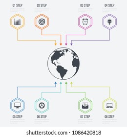 Vector illustration infographics 8 options. Data and information visualization. Dynamic infographics stylish geometric. element for design business invitations, gift cards, flyers and brochures