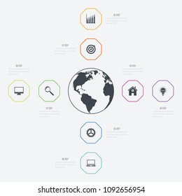 Vector illustration infographics 8 options. Data and information visualization. Dynamic infographics stylish geometric. element for design business invitations, gift cards, flyers and brochures