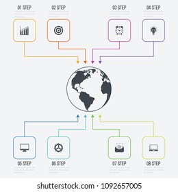 Vector illustration infographics 8 options. Data and information visualization. Dynamic infographics stylish geometric. element for design business invitations, gift cards, flyers and brochures