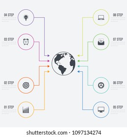 Vector illustration infographics 8 options. Data and information visualization. Dynamic infographics stylish geometric. element for design business invitations, gift cards, flyers and brochures