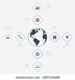 Vector illustration infographics 8 options. Data and information visualization. Dynamic infographics stylish geometric. element for design business invitations, gift cards, flyers and brochures