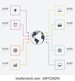 Vector illustration infographics 8 options. Data and information visualization. Dynamic infographics stylish geometric. element for design business invitations, gift cards, flyers and brochures