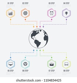 Vector illustration infographics 8 options. Data and information visualization. Dynamic infographics stylish geometric. element for design business invitations, gift cards, flyers and brochures