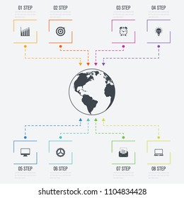 Vector illustration infographics 8 options. Data and information visualization. Dynamic infographics stylish geometric. element for design business invitations, gift cards, flyers and brochures