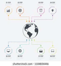 Vector illustration infographics 8 options. Data and information visualization. Dynamic infographics stylish geometric. element for design business invitations, gift cards, flyers and brochures