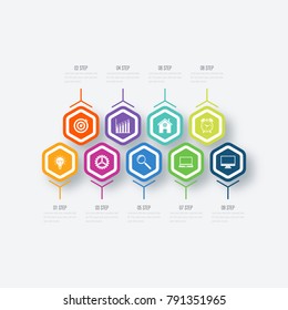 Vector illustration infographics 9 options. Data and information visualization. Dynamic infographics stylish geometric. element for design business invitations, gift cards, flyers and brochures