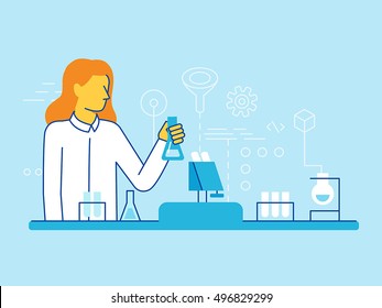 Vector illustration and infographics design elements in modern flat linear style - female scientist working in the lab - chemical research, biological engineering concepts