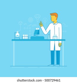 Vector illustration and infographics design elements in modern flat linear style - male scientist working in the lab - chemical research, biological engineering concepts