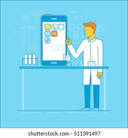 Vector illustration and infographics design elements in modern flat linear style - app development concept - male scientist and engineer working on mobile phone application