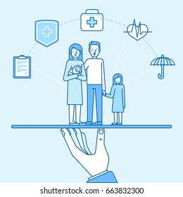 Vector illustration and infographics design elements in modern flat linear style - health and family  insurance concept - happy family with two kids