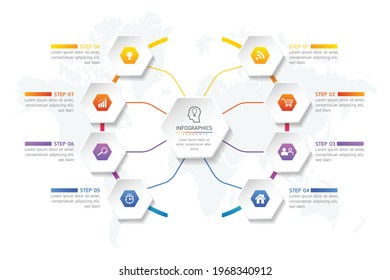 Plantilla de diseño de infografías de ilustraciones vectoriales, información empresarial, gráfico de presentación, con 8 opciones o pasos. 