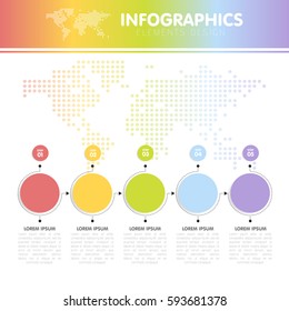 Vector illustration of the infographics with the dotted world map with the five circles with steps.