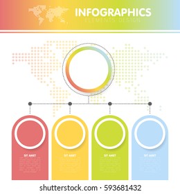 Vector illustration of the infographics with the dotted world map with the four circles with steps.