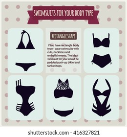 Vector illustration with info-graphics elements. Bikini swimsuits for all women body types pear, apple, hour glass, rectangle.How to Find the Swimsuit for Your Body Shape and choose the right swimsuit