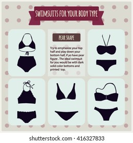 Vector illustration with info-graphics elements. Bikini swimsuits for all women body types pear, apple,hour glass,rectangle.How to Find the Swimsuit for Your Body Shape and choose the right swimsuit